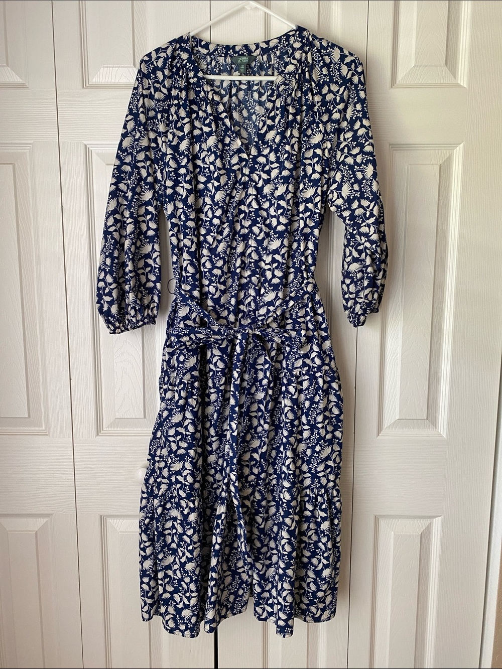 Terra & Sky Navy and Cream Floral Tie-Waist Midi Dress with 3/4 Puff Sleeves